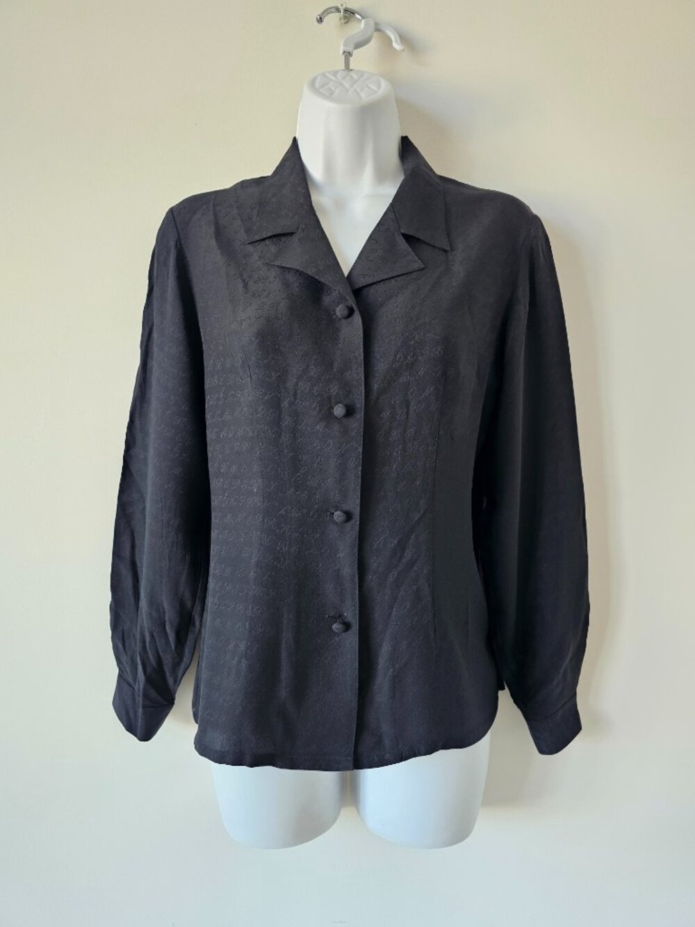 CHRISTIAN LU Black Silk Monogram Print Long Sleeve Top Shirt Medium